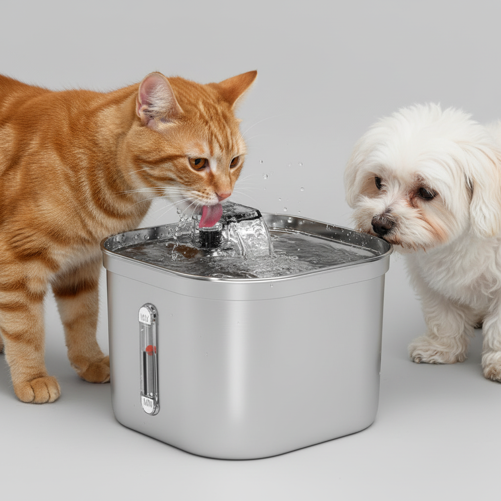 Two cats at a stainless steel pet water fountain with water spraying from the nozzle