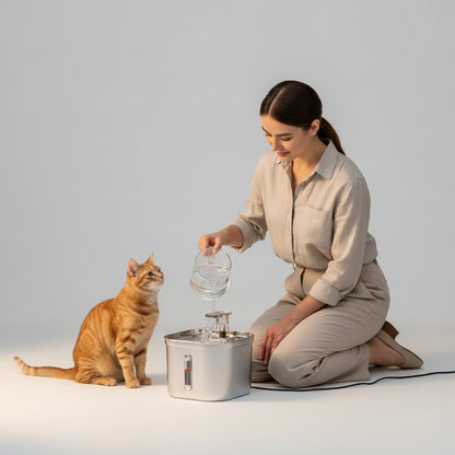 Pet owner seated beside a stainless steel water fountain with a cat nearby