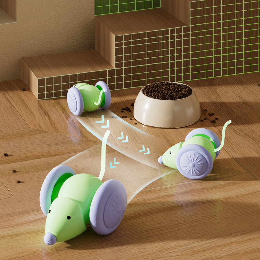 Green cat LED mouse toy with purple wheels and glowing light trails