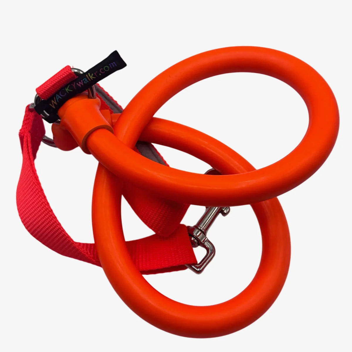 Orange no-pull dog leash with red fabric handle and metal clasp.