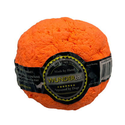 Orange textured fetch ball with a branded label band