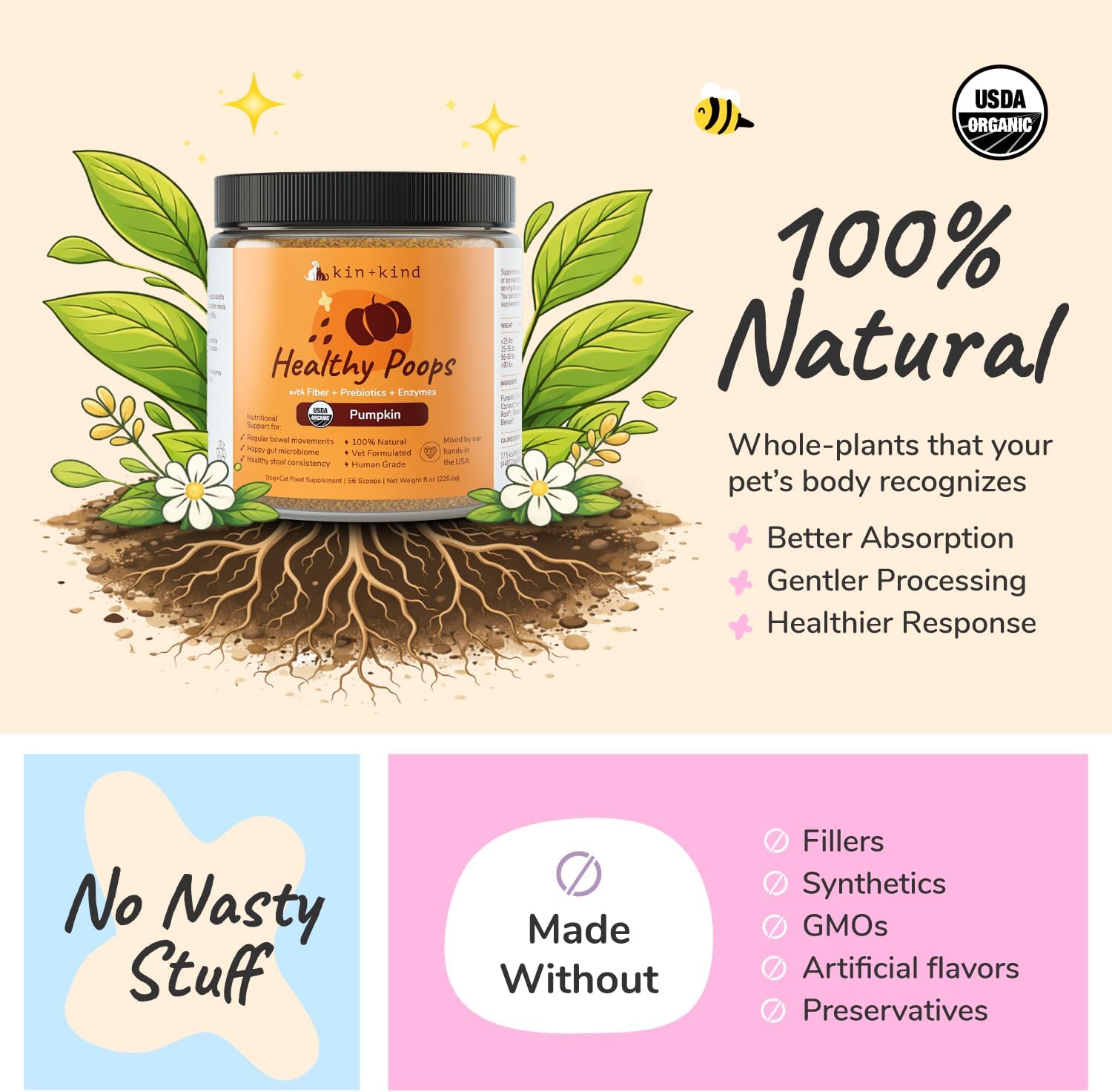 Probiotic pumpkin powder supplement jar with natural ingredients leaves graphic