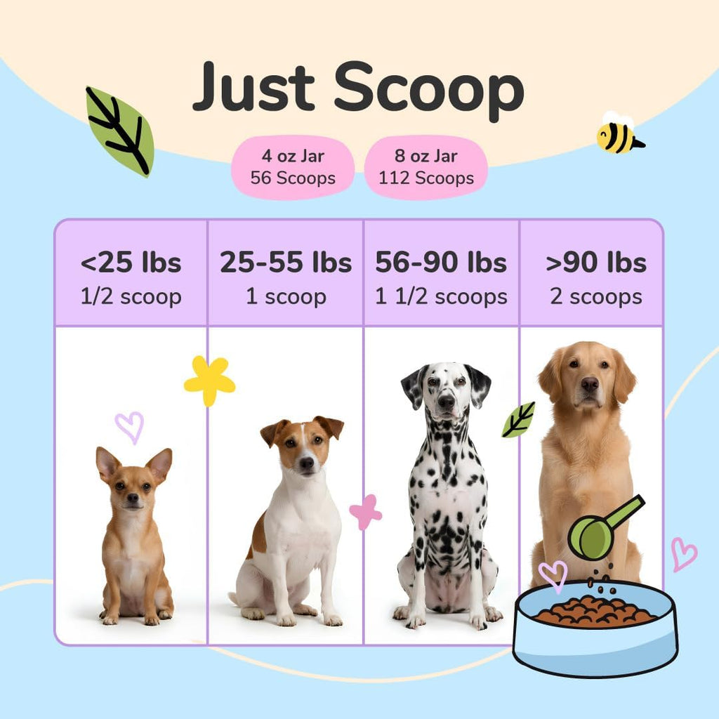 Probiotic pumpkin powder supplement jar shown with feeding guide for dogs by weight