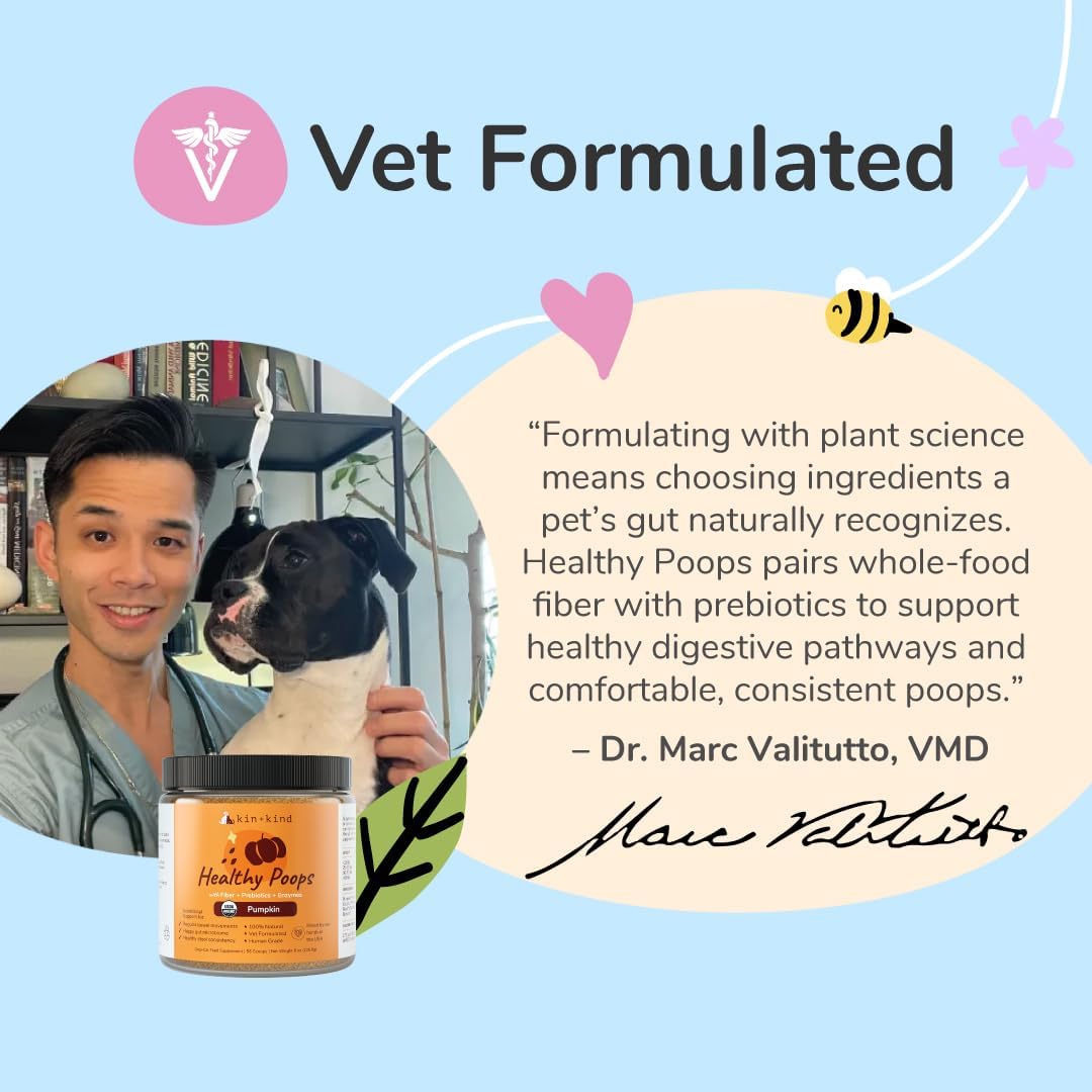 Probiotic pumpkin powder supplement jar shown with vet-formulated message and dog