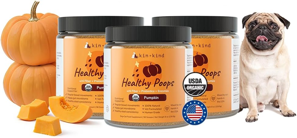 Set of probiotic pumpkin powder supplement jars with black lids and a small dog