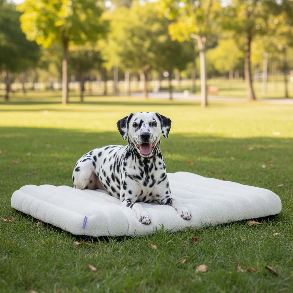 Waterproof plush dog mat, white/cream with raised edge and smooth surface