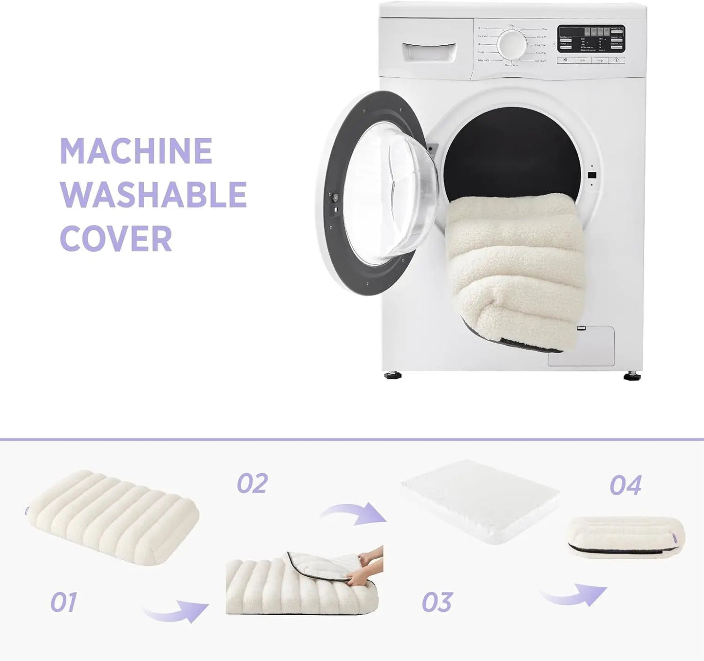 Orthopedic dog bed washable cover shown with a washing machine and cover steps