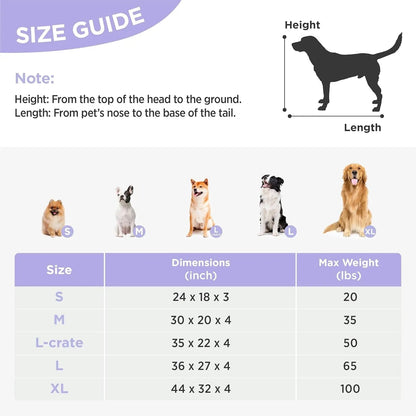Orthopedic dog bed size guide chart with height and length measurement labels