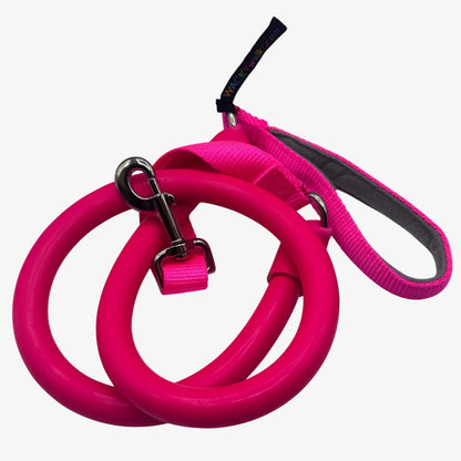 Hot pink no-pull dog leash with fuchsia strap and silver metal clasps.
