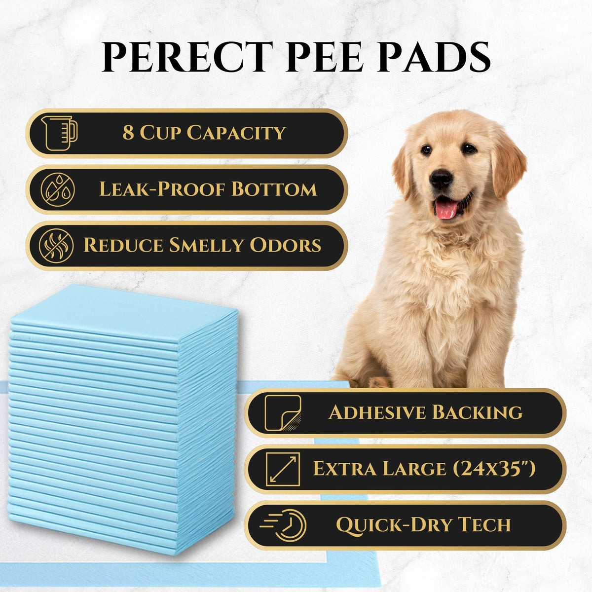 Absorbent puppy pee pads with stacked light blue pads and adhesive backing