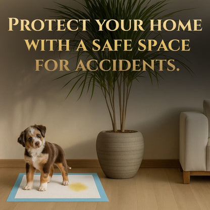 Light blue puppy pee pad on floor with small dog standing beside it