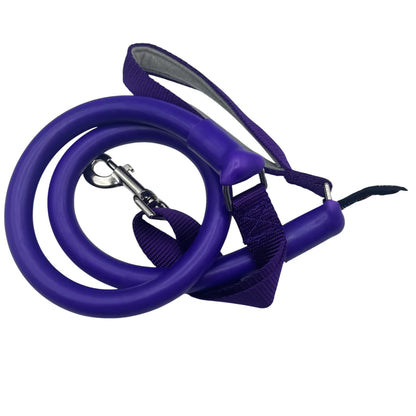 Purple no-pull dog leash with dark navy webbing and metal clips.