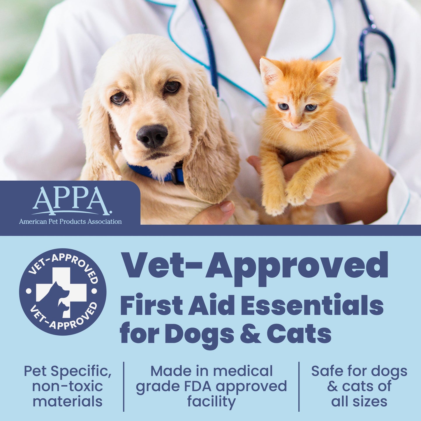Vet holding golden dog and orange kitten with vet-approved first aid essentials banner
