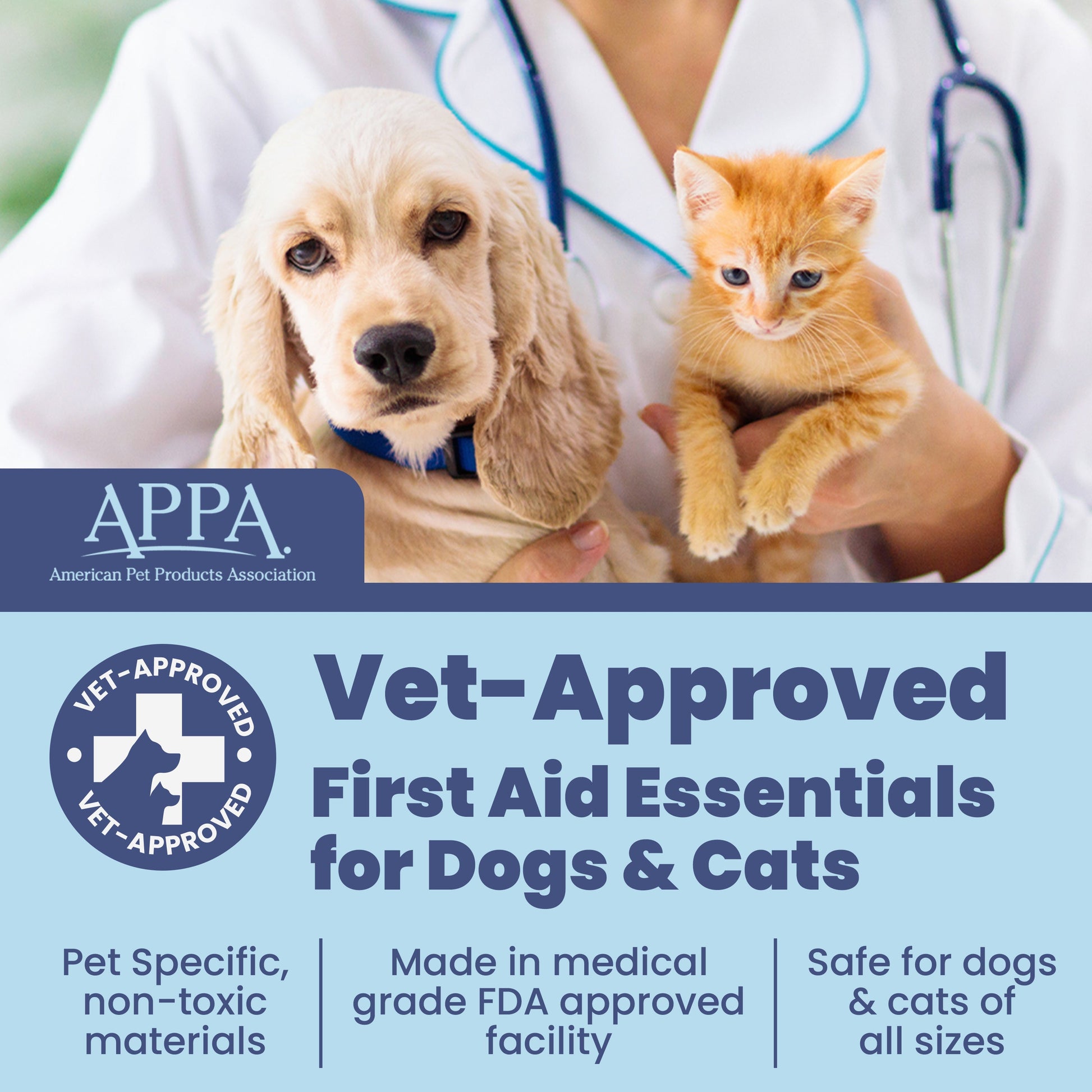 Vet holding golden dog and orange kitten with vet-approved first aid essentials banner
