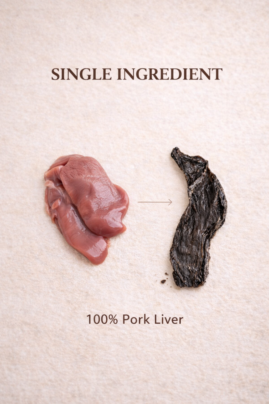Pork liver shown as raw piece and dehydrated dark treat strip