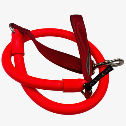 Red no-pull dog leash with dark red strap and metal ring clips.