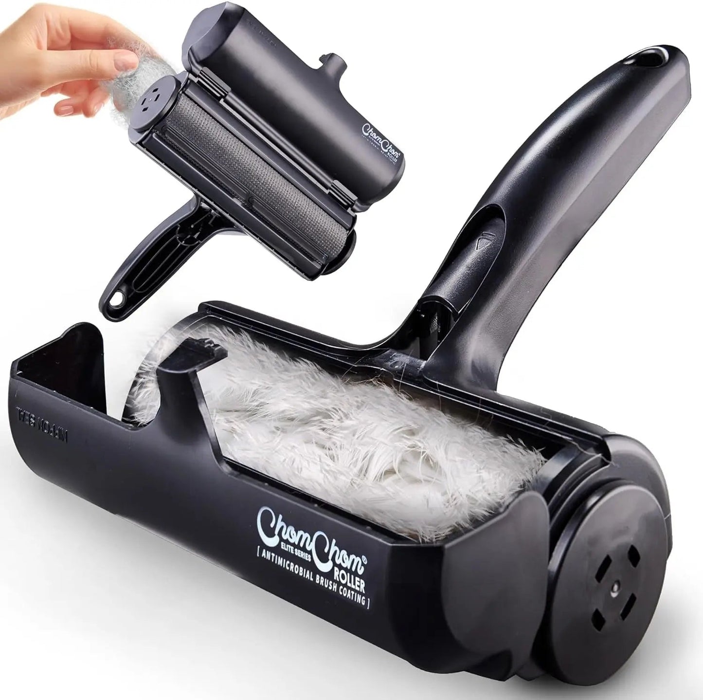 Reusable pet hair remover roller, dark gray, open chamber with pet fur inside