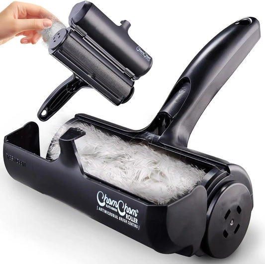 Reusable pet hair remover roller, dark gray, open chamber with pet fur inside