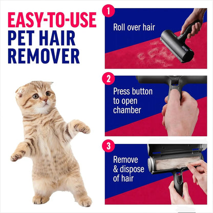 Reusable pet hair remover roller with easy use steps: roll, open, remove hair