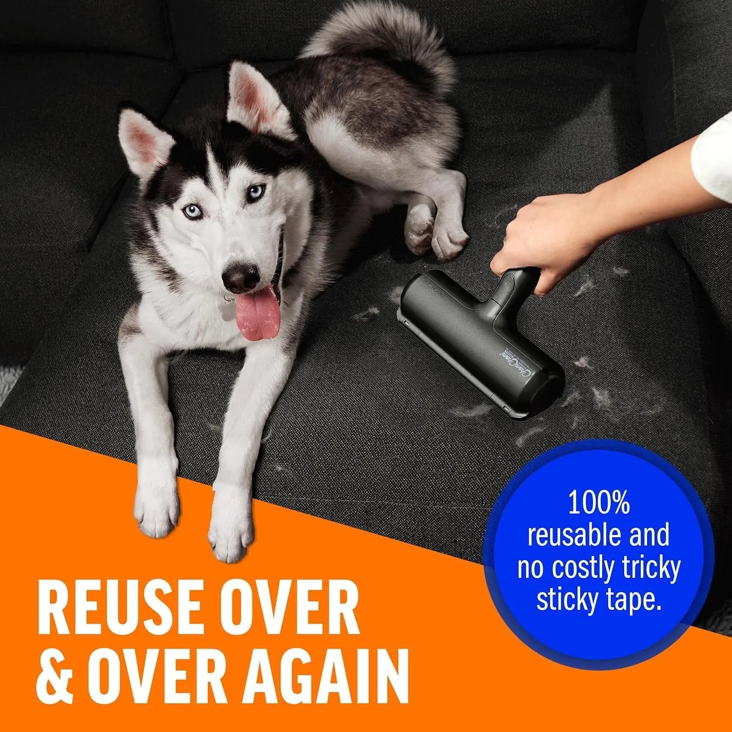 Reusable pet hair remover roller, black, for furniture and clothing