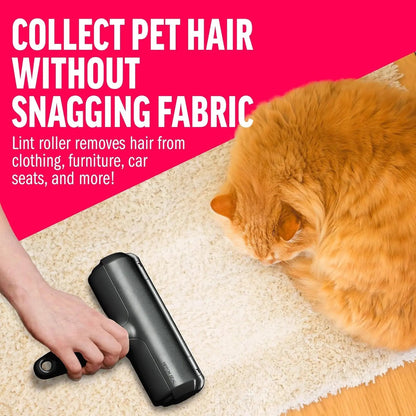 Reusable pet hair remover roller, black, rolling to lift pet hair from carpet