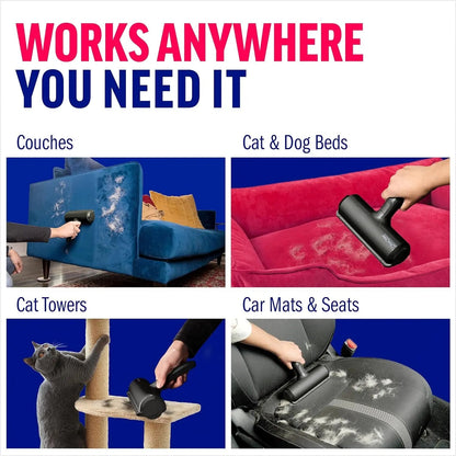 Pet hair remover roller shown for couches, beds, cat towers, and car seats