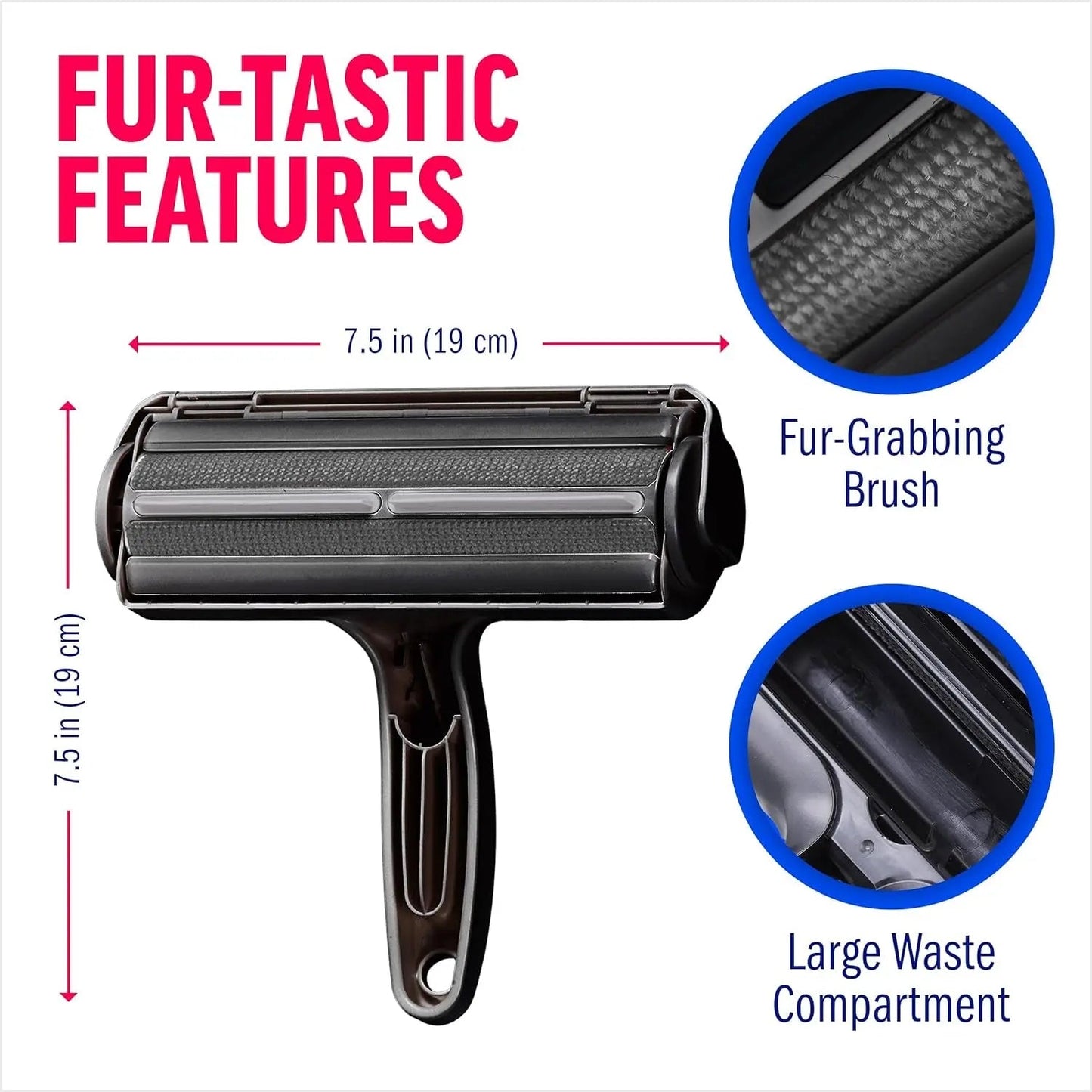 Reusable pet hair remover roller with fur-grabbing brush and large waste compartment
