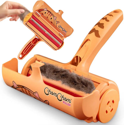 Reusable pet hair remover roller, orange, with open collecting chamber and roller drum