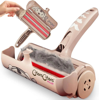 Reusable pet hair remover roller, light pink, with open collecting chamber and fur