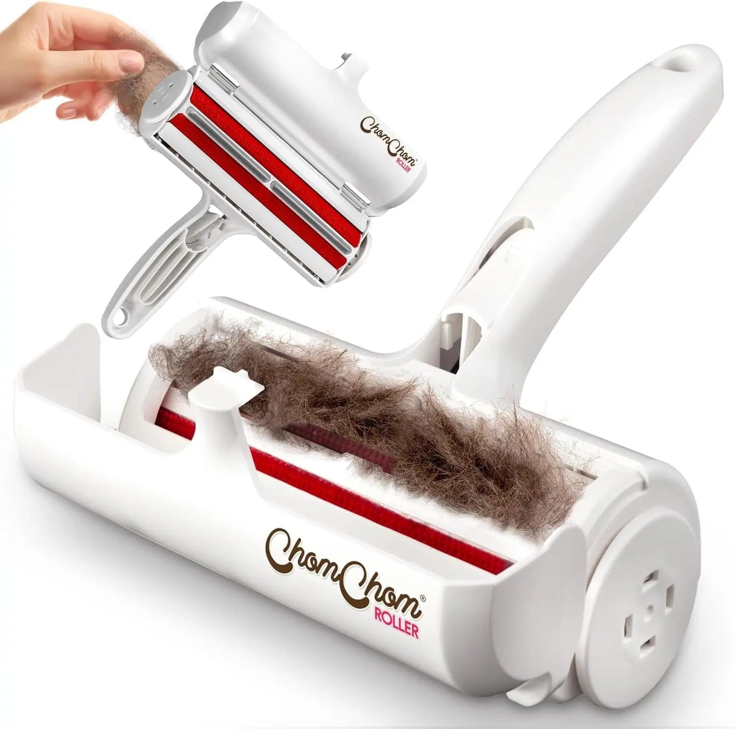 Reusable pet hair remover roller, white, open chamber with collected hair