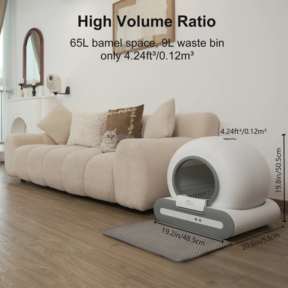 White and gray automatic cat litter box with large base and gray litter mat