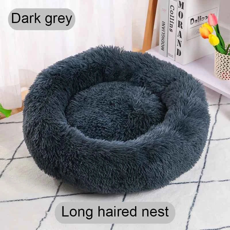 Dark gray round donut pet bed with long-hair plush shag outer and inner nest