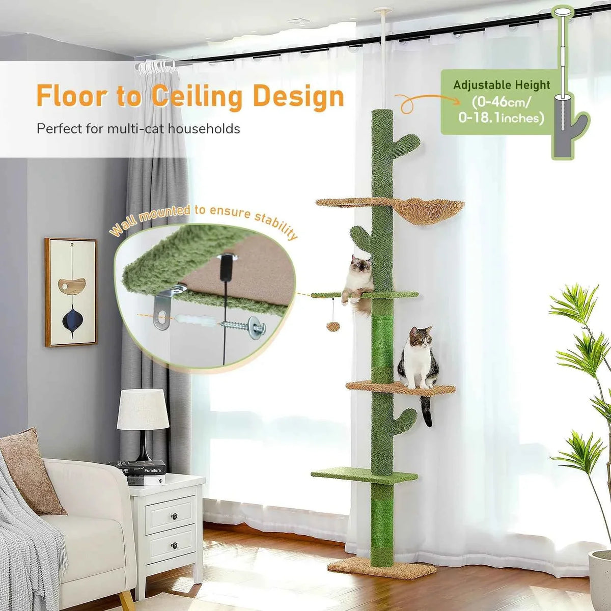 Adjustable cactus cat tree tower with multiple cat beds and hanging toy ball