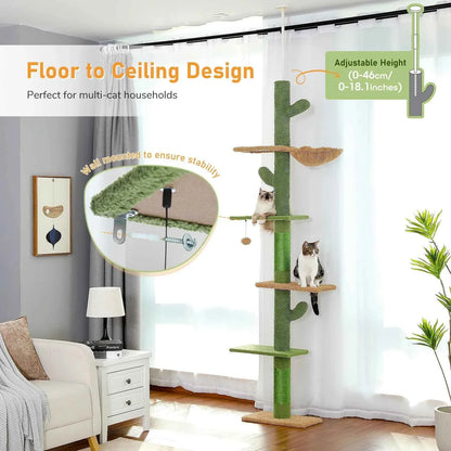 Adjustable cactus cat tree tower with multiple cat beds and hanging toy ball