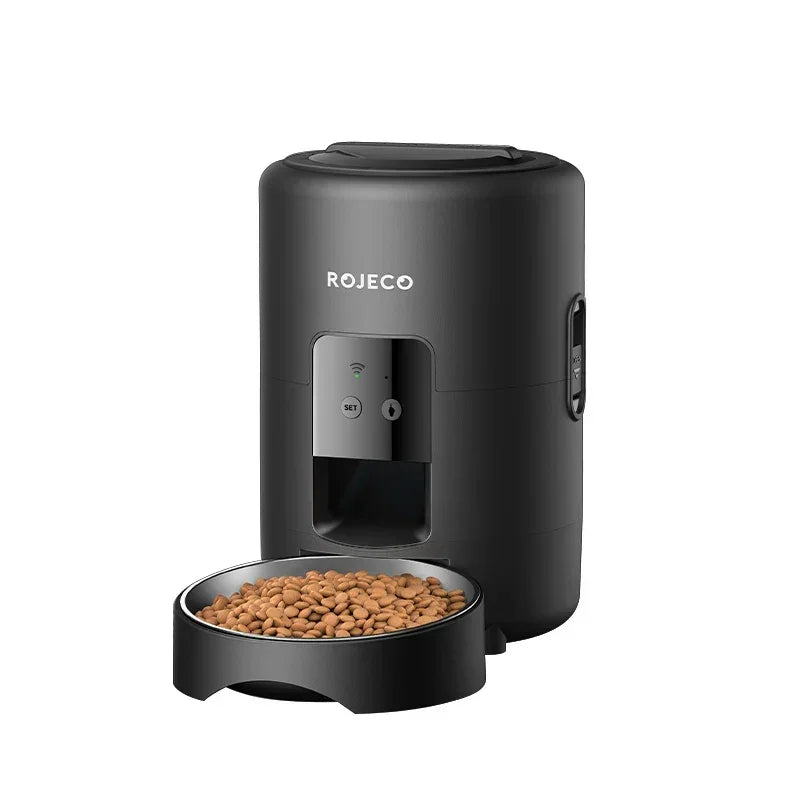 ROJEKO automatic pet feeder with food bowl, ideal for dogs and cats, featuring smart controls and portion management