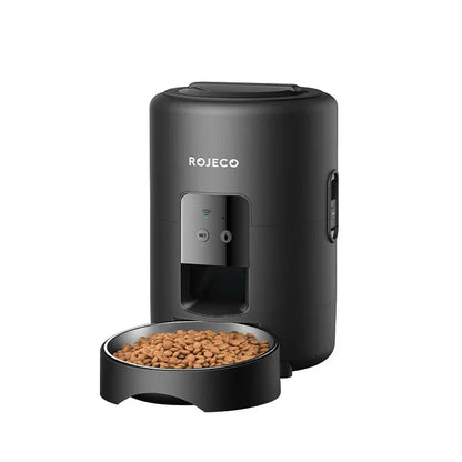 ROJEKO automatic pet feeder with food bowl, ideal for dogs and cats, featuring smart controls and portion management