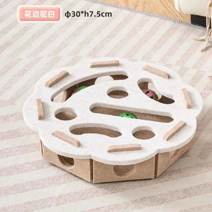 Interactive cat puzzle scratch toy with white round opening grid and brown side panels