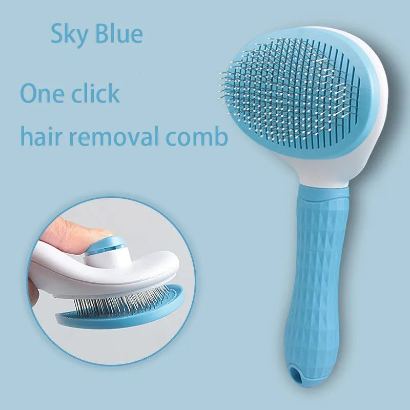 Sky blue pet hair removal comb with rounded needle head and ergonomic handle
