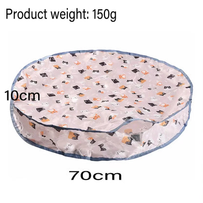 Interactive cat play mat dimensions shown: 70cm diameter and 10cm height