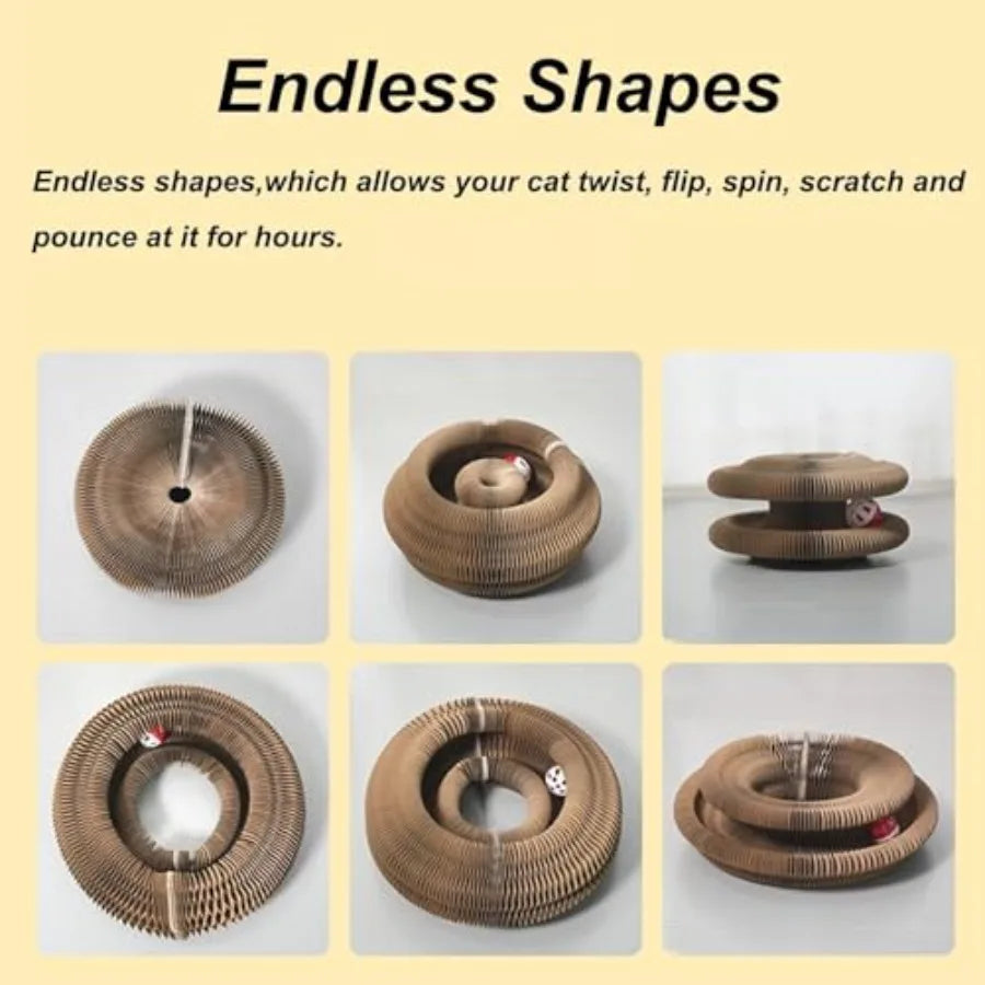 Accordion cat scratcher shown in multiple angles, circular spiral ring with ball