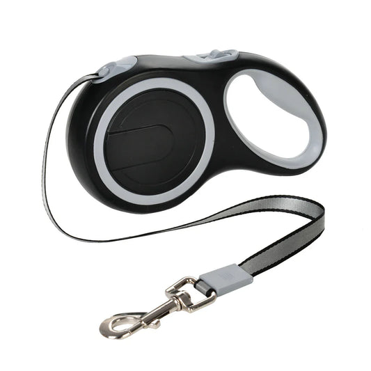 Retractable dog leash with black casing, gray accent handle, and metal clip