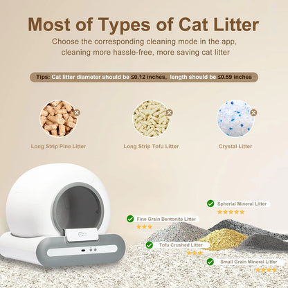 Automatic cat litter box with litter opening and icons for compatible litter types