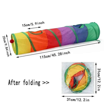 WTN Essentials foldable rainbow cat tunnel toy with dimensions and folded view