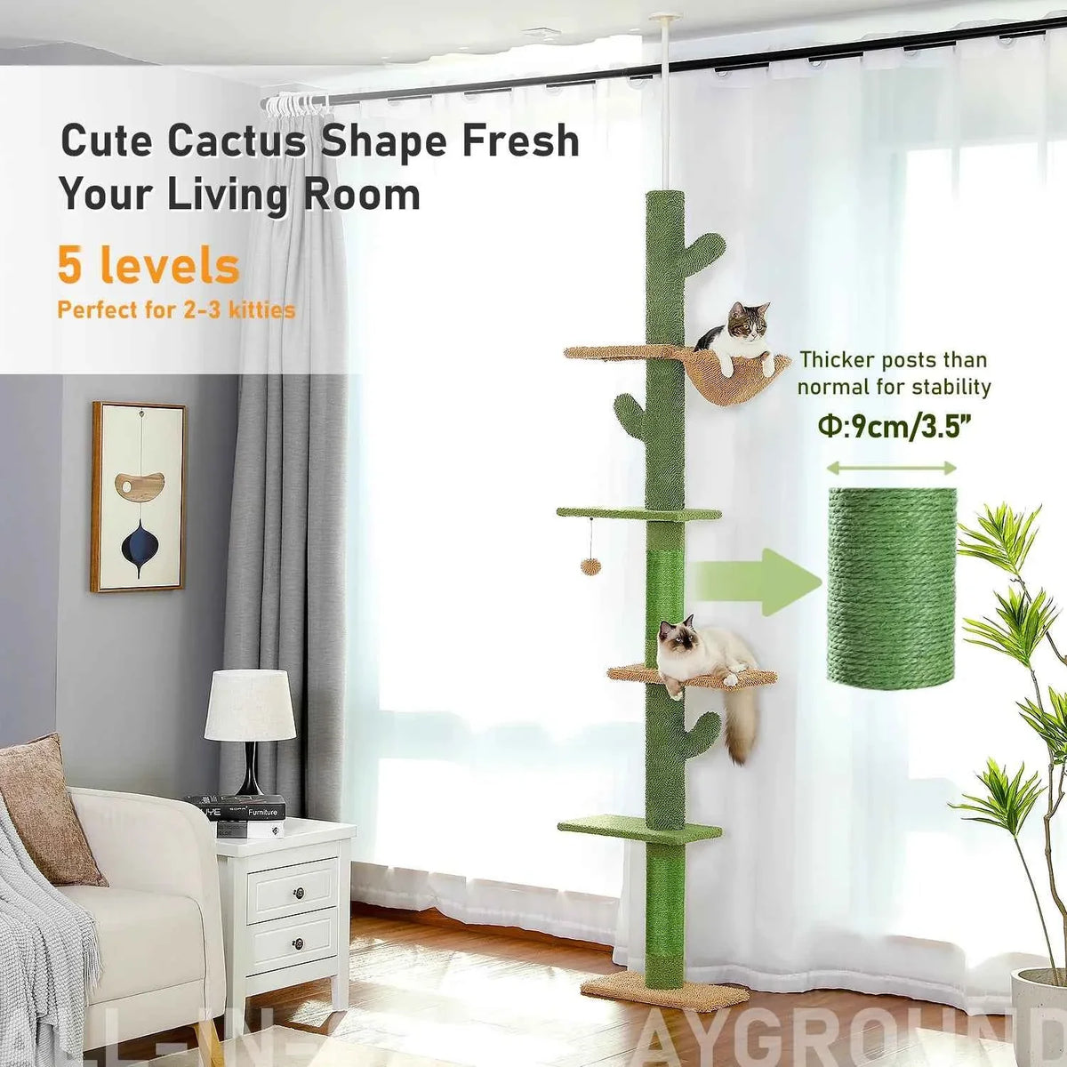 Green cactus-style cat tree with platforms, dangling ball, and hammock perch