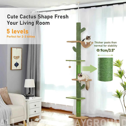 Green cactus-style cat tree with platforms, dangling ball, and hammock perch
