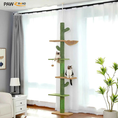 Cactus cat tree tower with stacked platforms, side hammock, and scratching posts