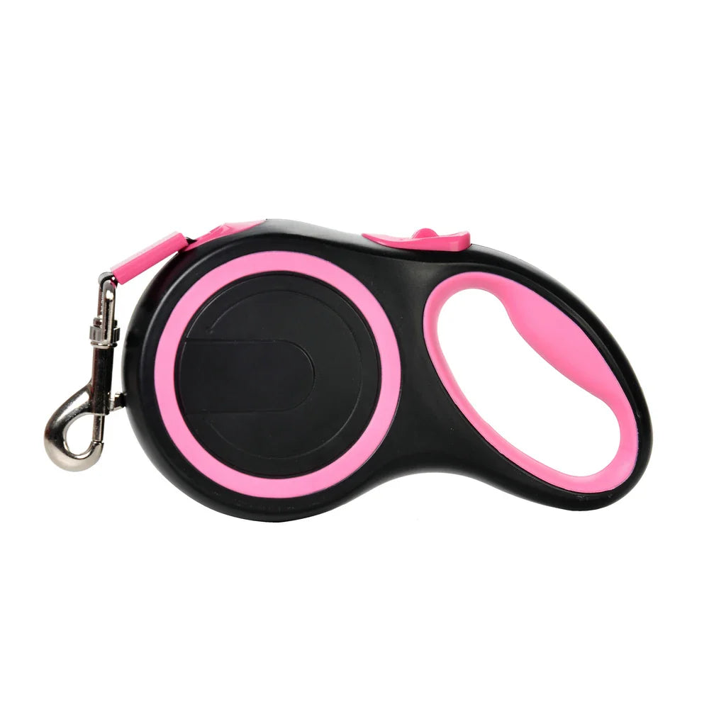 Pink retractable dog leash with black casing, pink trim, and metal carabiner
