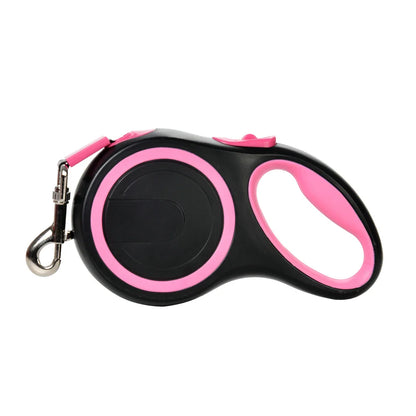 Pink retractable dog leash with black casing, pink trim, and metal carabiner