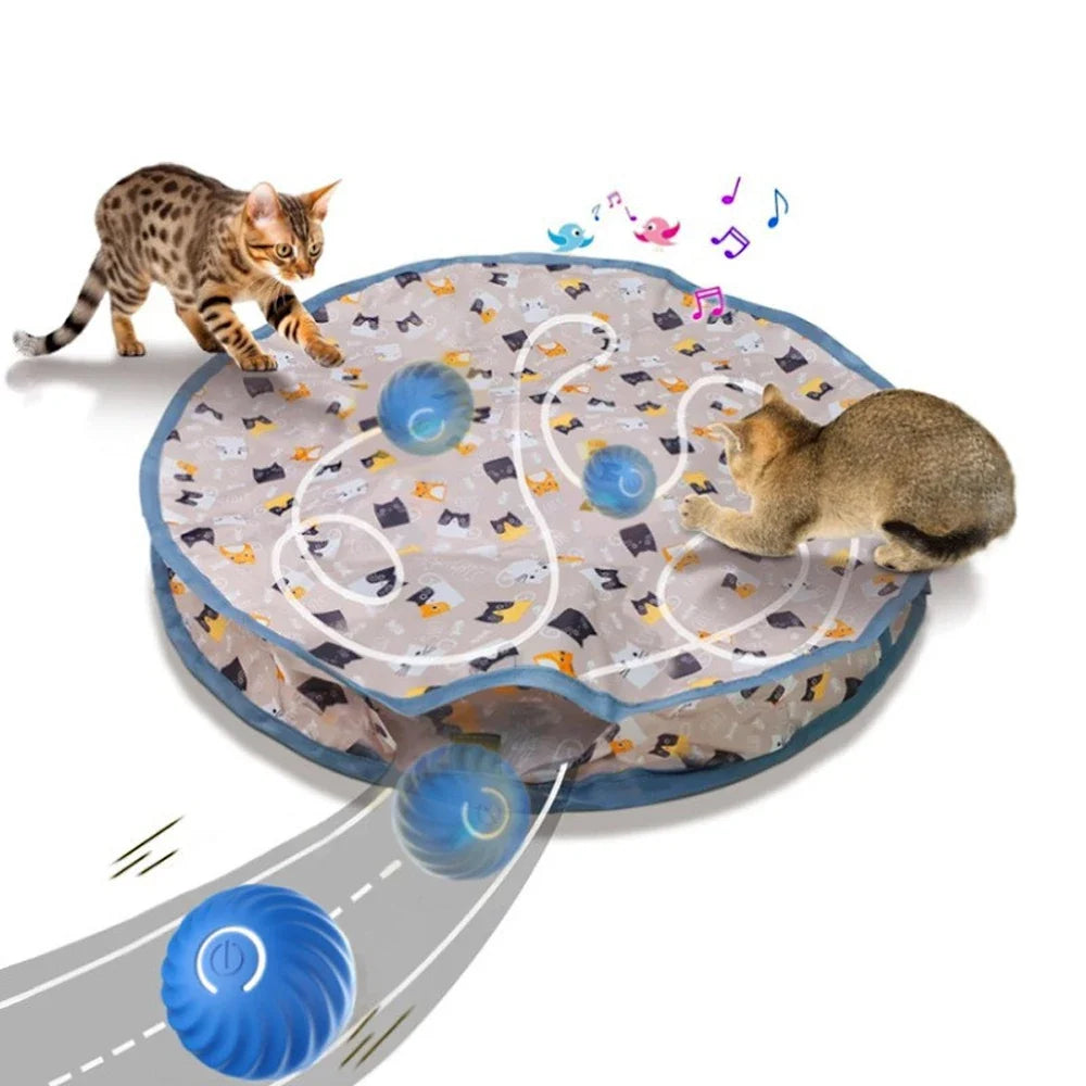 Interactive cat play mat with multiple rolling blue balls and track layout