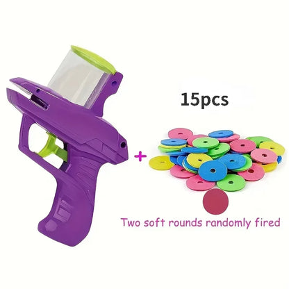 Purple and green disc launcher toy with multicolor soft disc pile